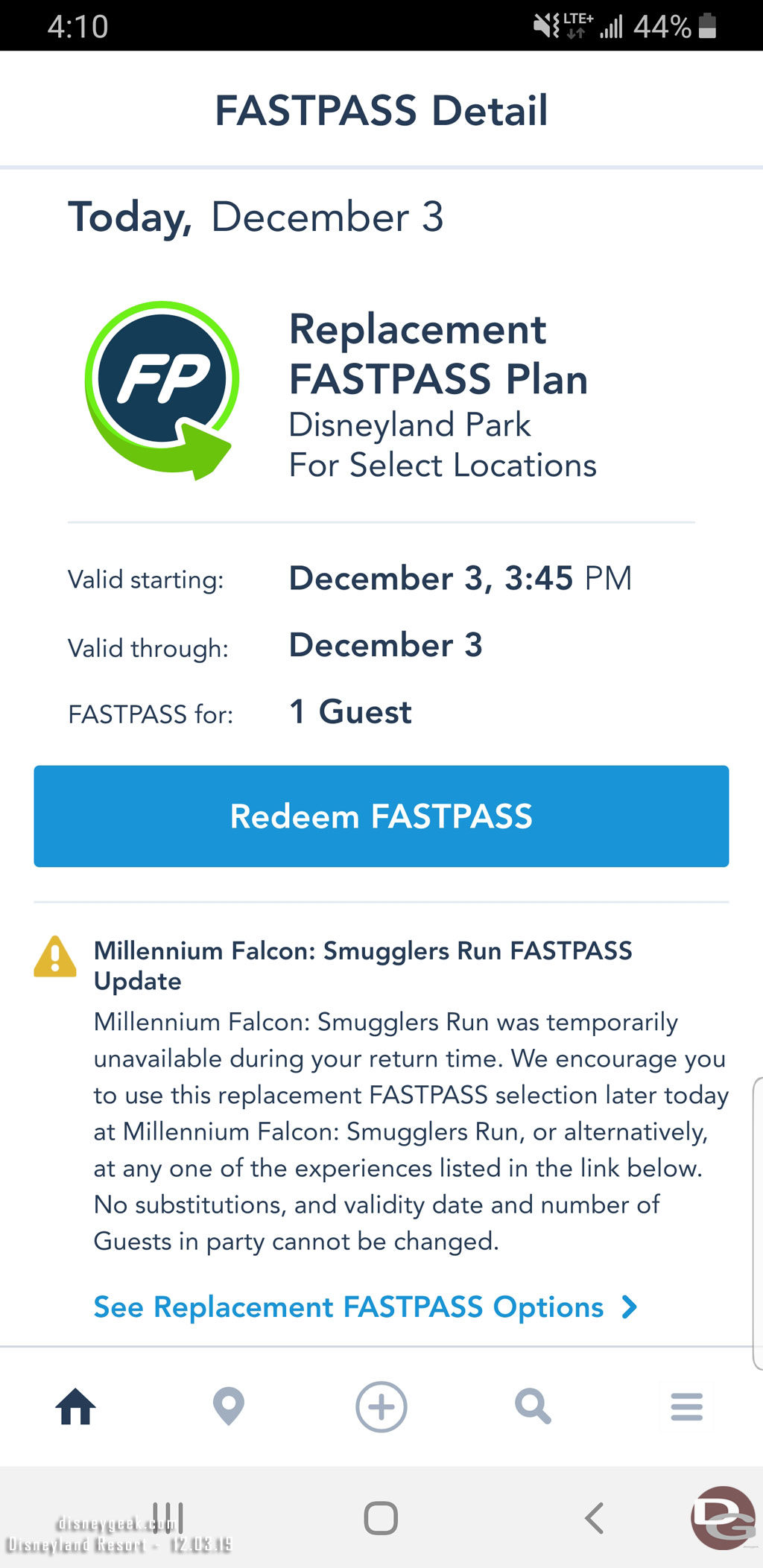 The scanned our park tickets and gave us each a FastPass good on any attraction in Disneyland (whether it had FastPass or not) and then said if we wanted to ride again they would walk us to the front, which turned out to be let us use the FastPass queue.