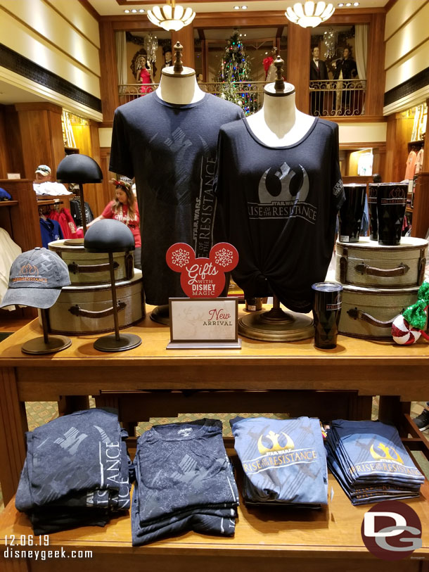 Elias & Co had a selection of Rise of the Resistance merchandise.  This seemed odd for several reasons.. one the attraction is in the other park and two it does not open for over a month and three it really has nothing to do with Buena Vista Street.