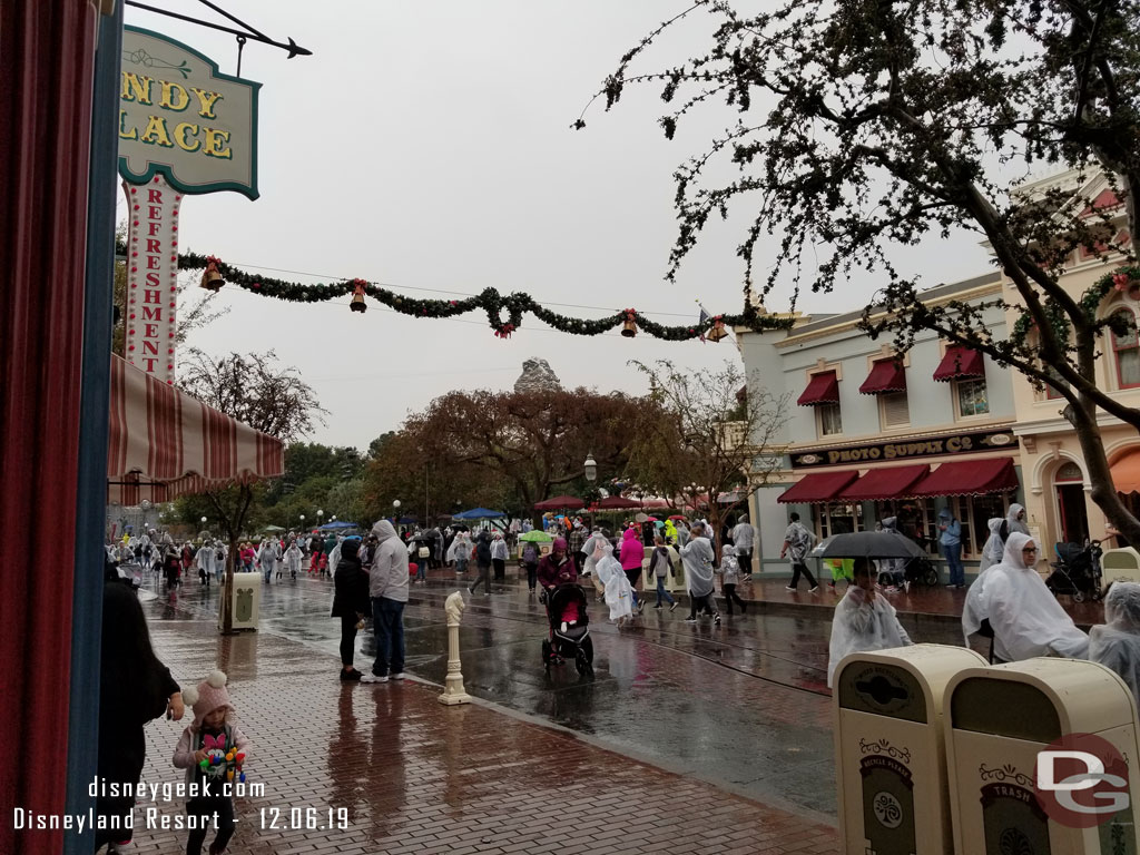 An announcement played saying A Christmas Fantasy Parade was cancelled due to the weather but Mickey