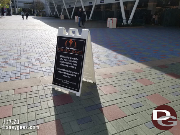 In the tram plaza there are quite a few of these A-framce signs, just like Disney's Hollywood Studios has saying that boarding groups are gone for the day.  They are by the escalator exits as well as when you approach security.