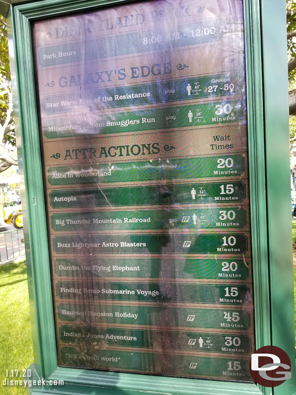 Disneyland waits at 1:10pm.  Notice they have the boarding groups for Rise of the Resistance, up to group 50.