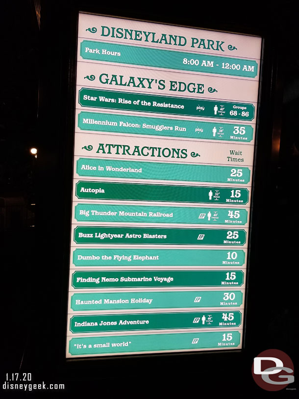 Disneyland waits at 6:49pm.  Up to group 86.