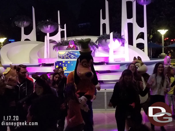 When I walked by Goofy, Pluto, Chip, Dale & Clarice were out and the dance floor was busy.