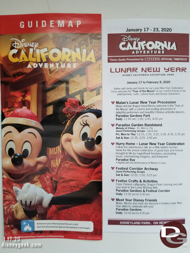 The current DCA park map and times guide feature the Lunar New Year Celebration.