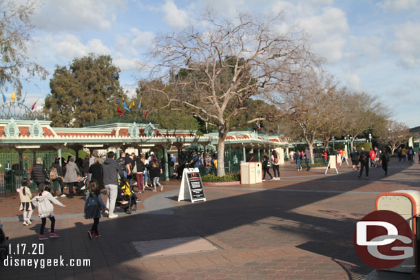 A better view of the Disneyland entrance with several of the A-Frame signs as you approach warning you about Rise of the Resistance.