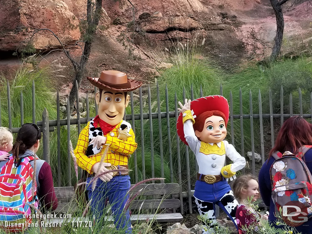 Woody and Jessie meeting guests along the Big Thunder trail across from the entrance to Star Wars: Galaxy