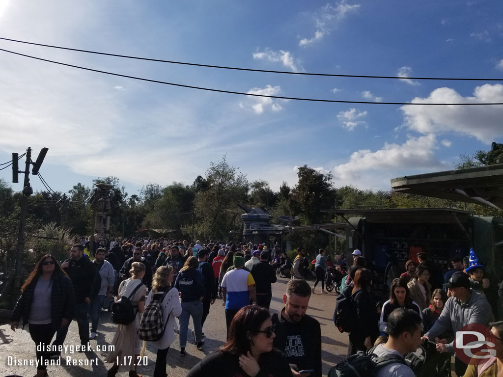 The area near the attraction entrance was busy.  There were a number of guests milling about waiting for their boarding group to be called.