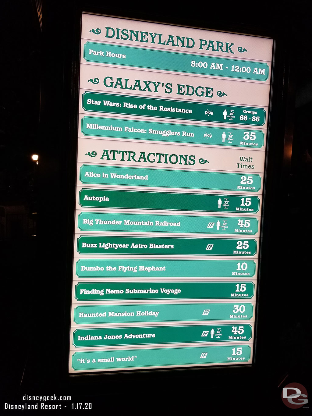 Disneyland waits at 6:49pm.  Up to group 86.