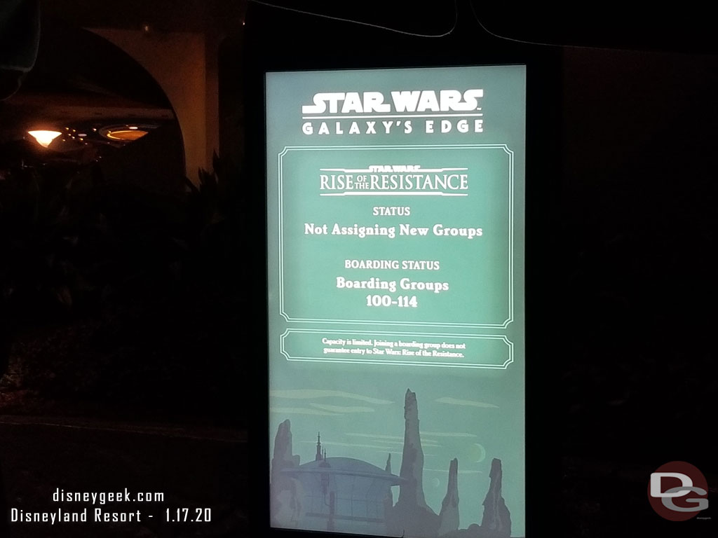 A check of the boarding groups at 8:55pm, this display is by the guest relations & DVC kiosks in Tomorrowland.