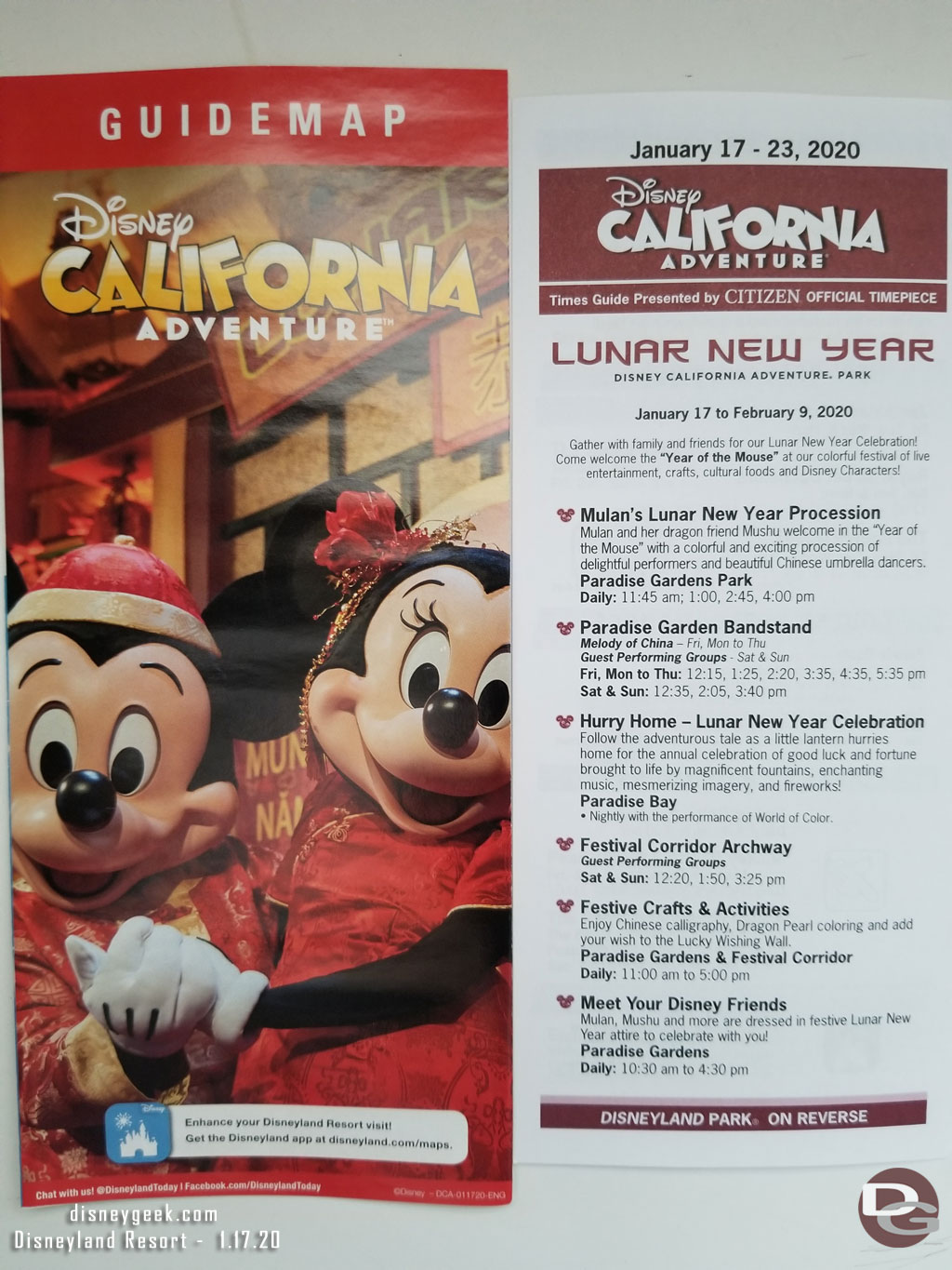 The current DCA park map and times guide feature the Lunar New Year Celebration.