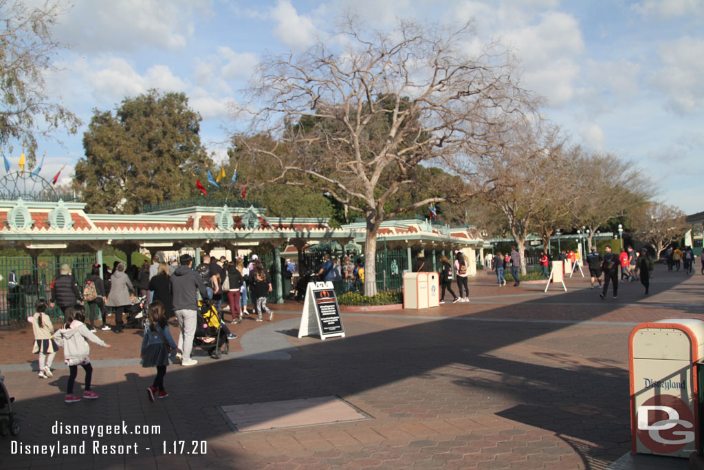 A better view of the Disneyland entrance with several of the A-Frame signs as you approach warning you about Rise of the Resistance.