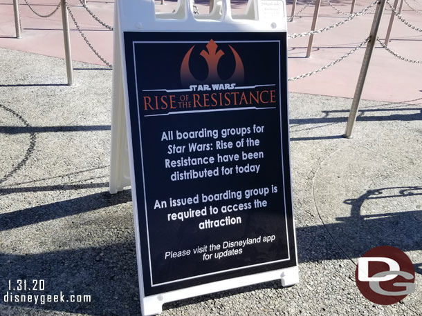 Rise of the Resistance Boarding groups are long gone.  The regular groups are usually gone in about a minute after park opening. Backup groups last for several minutes usually.