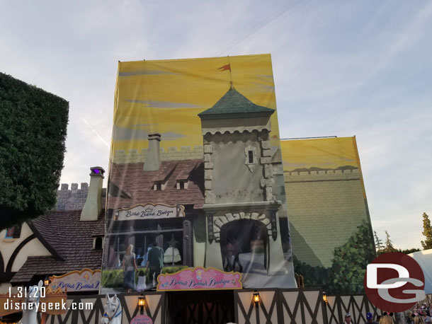 The facade for the Bibbidi Bobbidi Boutique is underwraps due to the Snow White renovation next door.