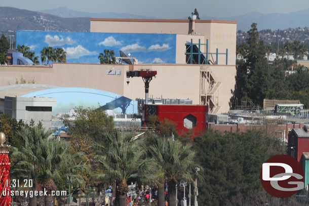 The Avengers Campus rising above the tree line.