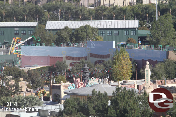 A printed scrim now covers the park facing side of the new backstage building behind Luigis.