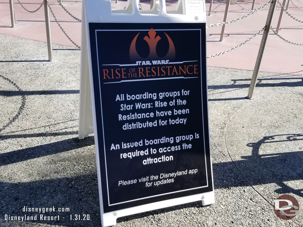 Rise of the Resistance Boarding groups are long gone.  The regular groups are usually gone in about a minute after park opening. Backup groups last for several minutes usually.