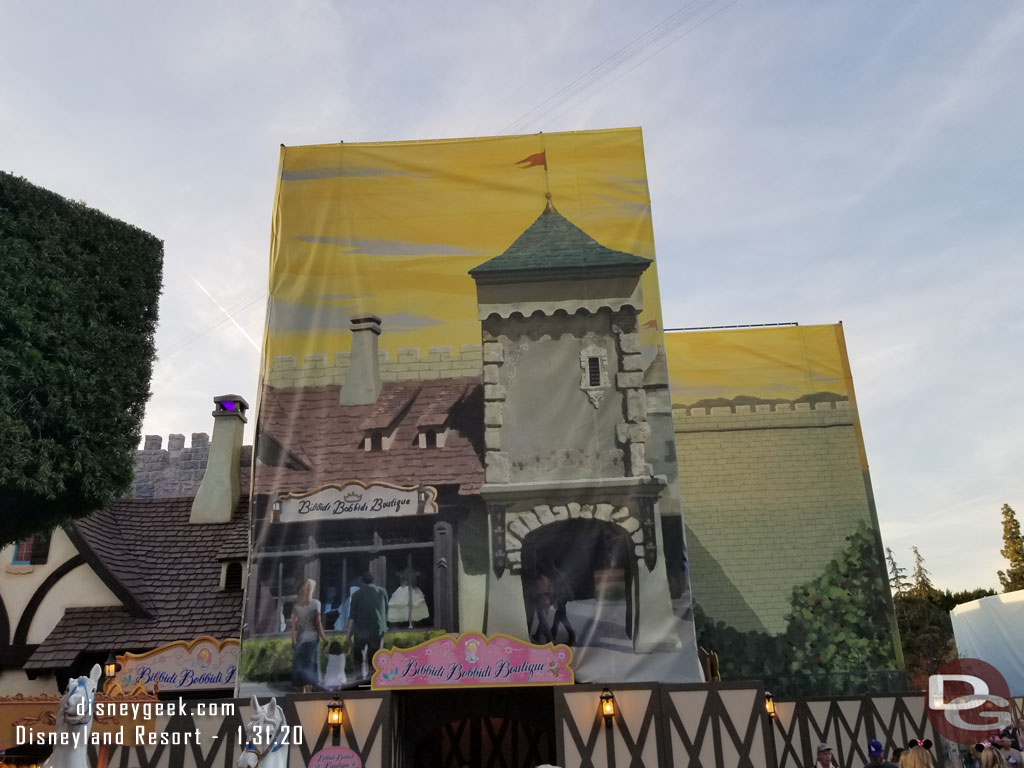 The facade for the Bibbidi Bobbidi Boutique is underwraps due to the Snow White renovation next door.