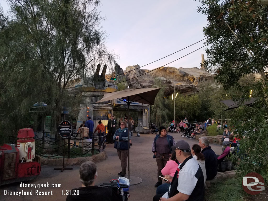 Cast Members at the entry point for Rise of the Resistance. They verify your boarding group number then direct you into the queue.