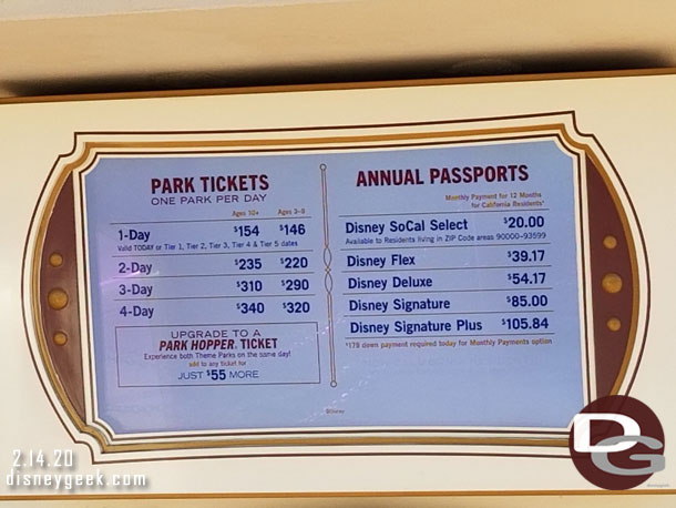 Today is a tier 5 day, so a 1 day park hopper will run you $209.