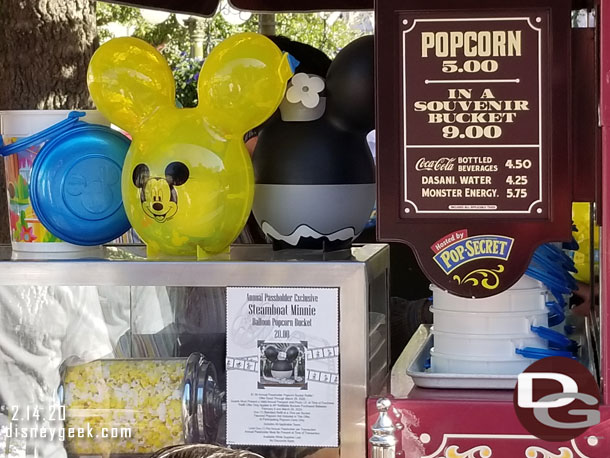 An annual passholder exclusive Steamboat Minnie Popcorn bucket is available at several locations throughout both parks.