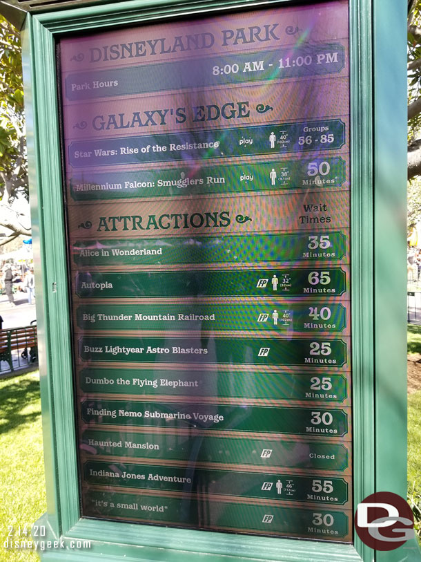 Disneyland wait times at 1:42pm.  Rise of the Resistance already into Backup Boarding groups for the day.