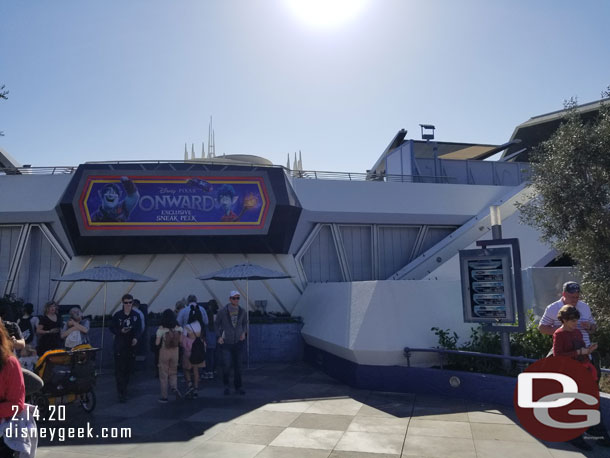 Three items to point out in this picture.. Onward sneak peek has moved into the Tomorrowland Theater.  On the right the scaffolding is removed from the new stairs.  Also FastPass distribution now includes Autopia.