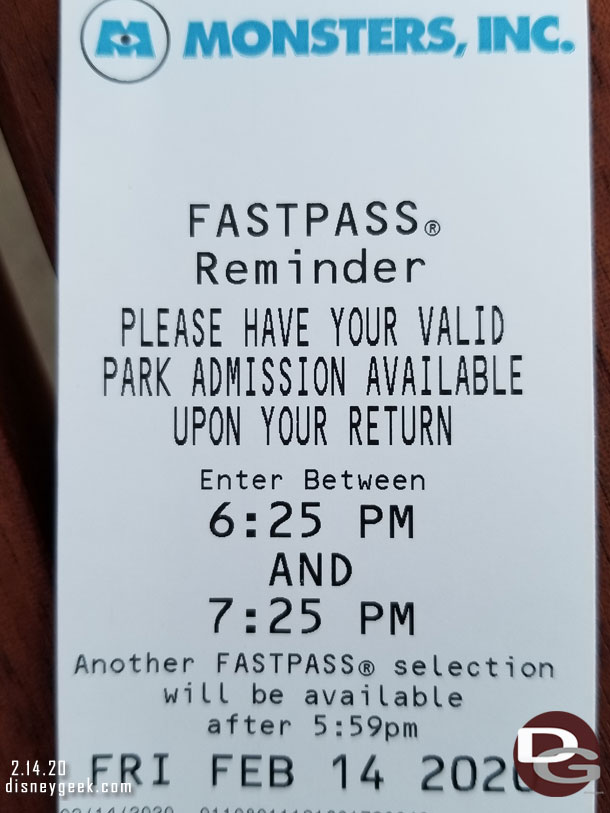 Monsters Inc Fastpass reminder ticket.