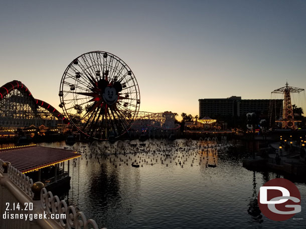 The sun was just about set and the World of Color fountains were rehearsing for this evening.