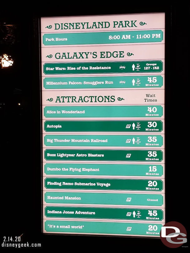 Disneyland waits at 7:23pm