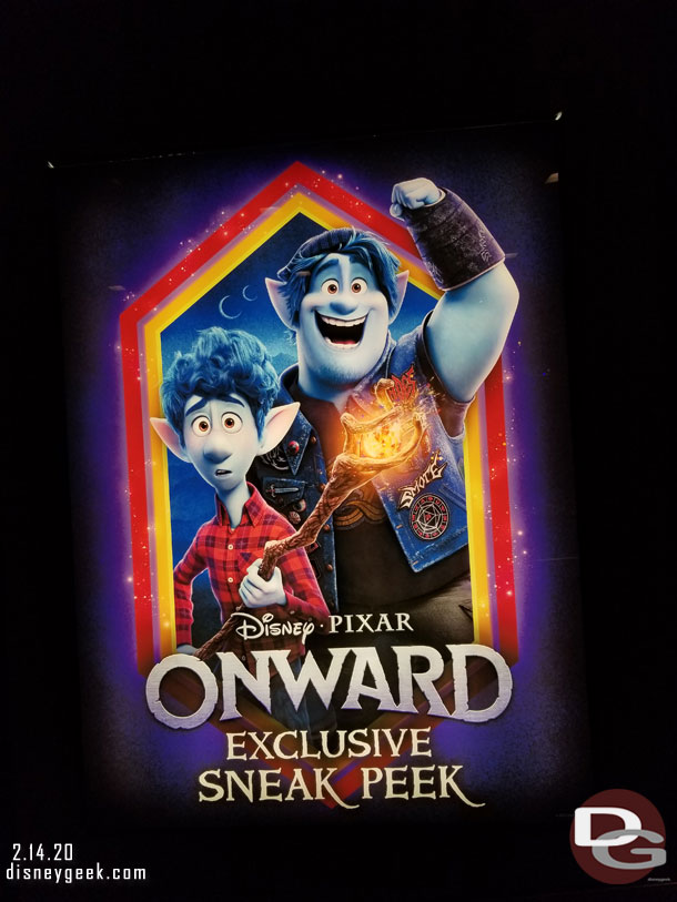 Onward posters in the queue before the sneak peek.