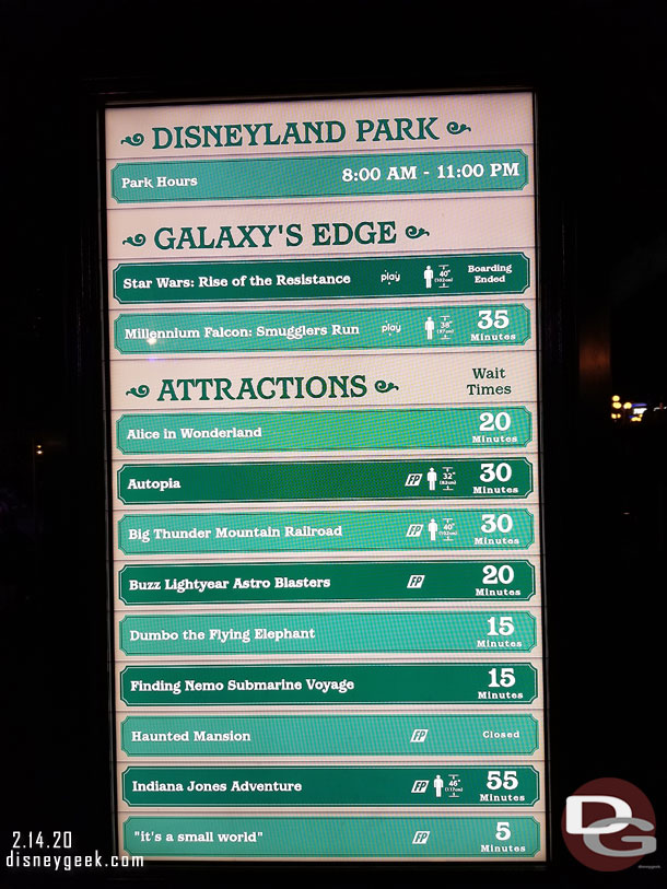 Disneyland Waits at 9:12pm, notice Rise of the Resistance says boarding concluded. Guess that means all groups were called for the day.  Almost 2 hours left in the operational day to spare.