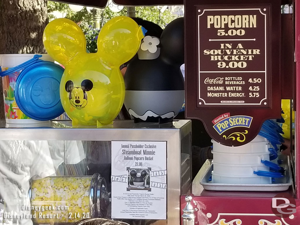 An annual passholder exclusive Steamboat Minnie Popcorn bucket is available at several locations throughout both parks.