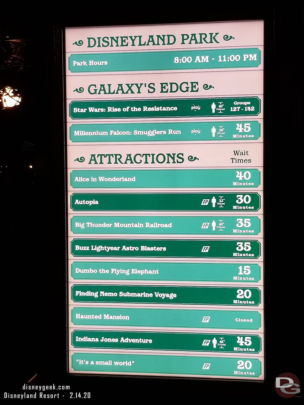 Disneyland waits at 7:23pm