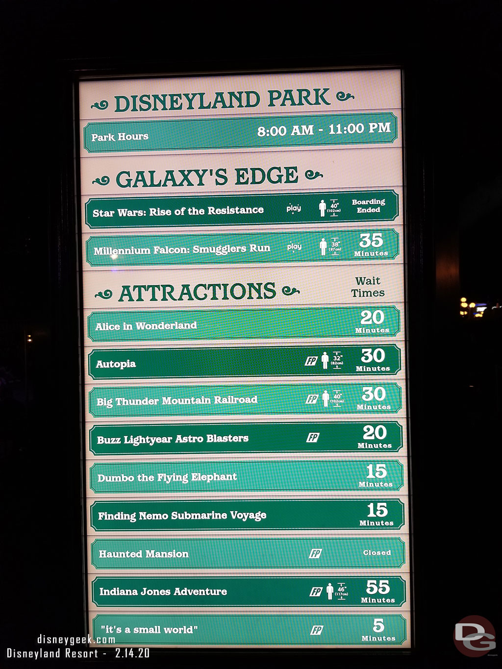 Disneyland Waits at 9:12pm, notice Rise of the Resistance says boarding concluded. Guess that means all groups were called for the day.  Almost 2 hours left in the operational day to spare.