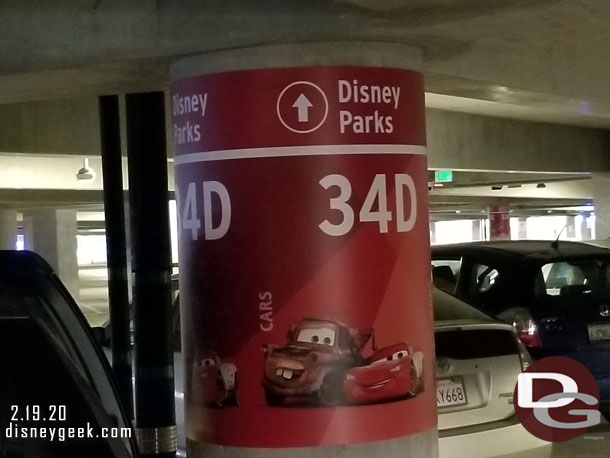 Arrived at the Pixar Pals parking structure just before 7am and was directed into a spot on the Cars level.