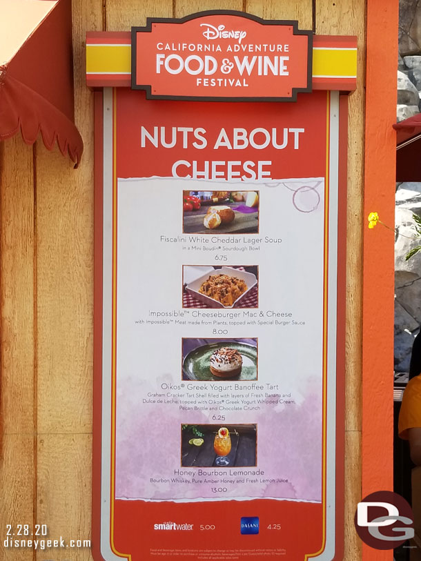 The marketplaces are flanked by menu boards, this year no history or facts.  Just the same menu on both sides. Here is the Nuts About Cheese menu