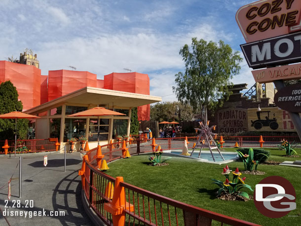 The Cozy Cone has scaffolding and walls up for some renovation work, guessing repainting and general upkeep.  The cones are still open for business during the work.