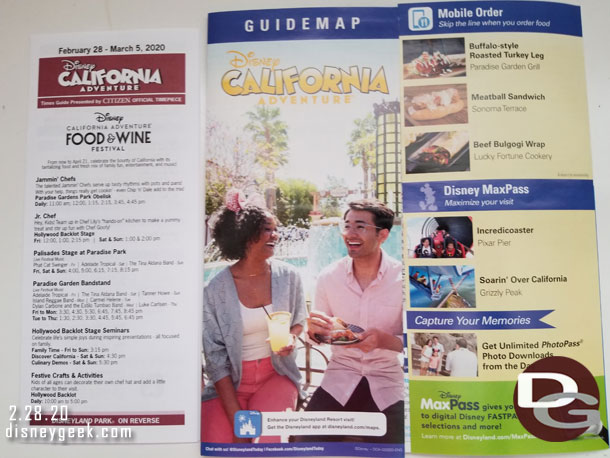 Disney California Adventure park map and times guide.