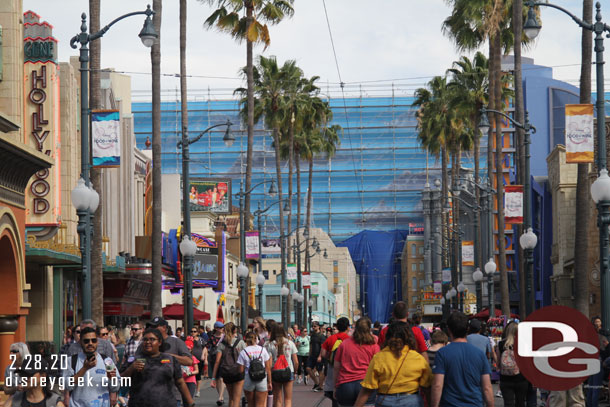 Renovation - repainting - of the Hyperion Facade mural continues. The scrim was mostly removed today.