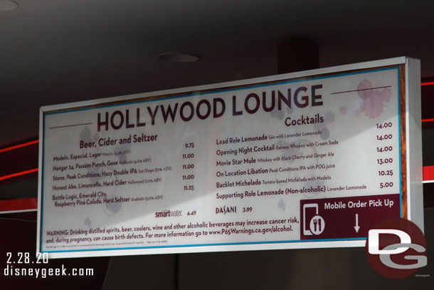 Hollywood Lounge current menu