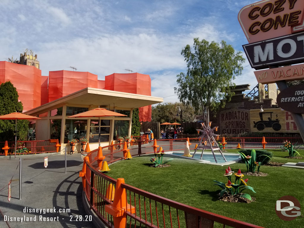 The Cozy Cone has scaffolding and walls up for some renovation work, guessing repainting and general upkeep.  The cones are still open for business during the work.