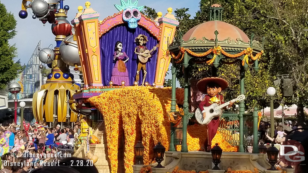 Miguel is on the front of the float.  