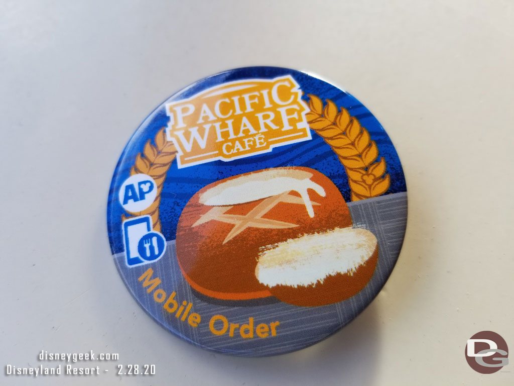 I mobile ordered from the Pacific Wharf Cafe and picked up a free AP mobile order button