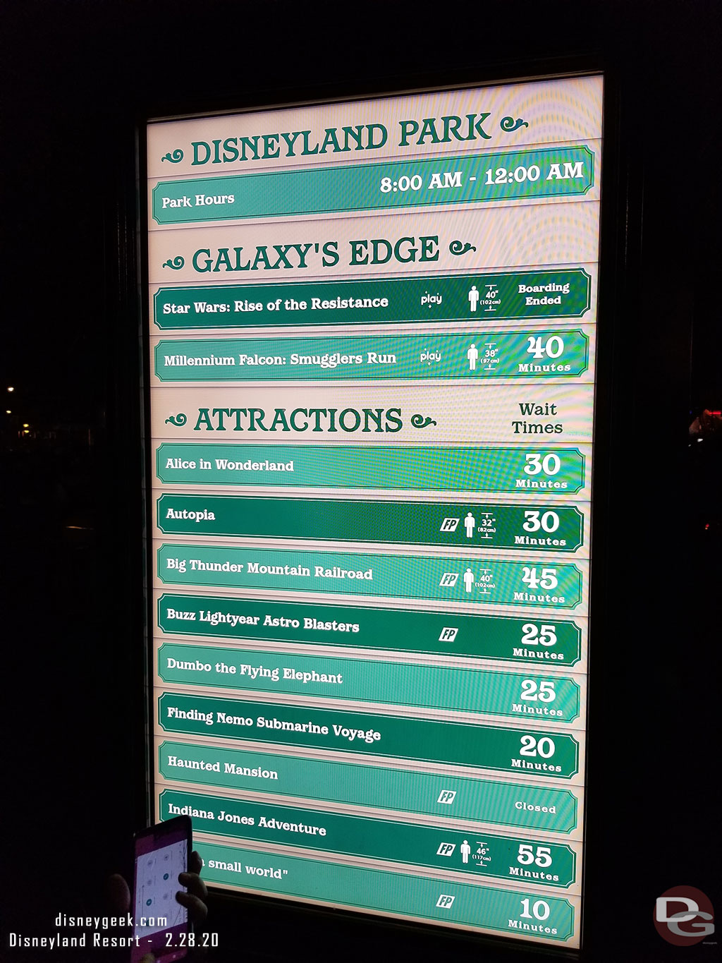 Disneyland wait times at 8:56pm