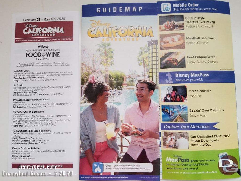 Disney California Adventure park map and times guide.