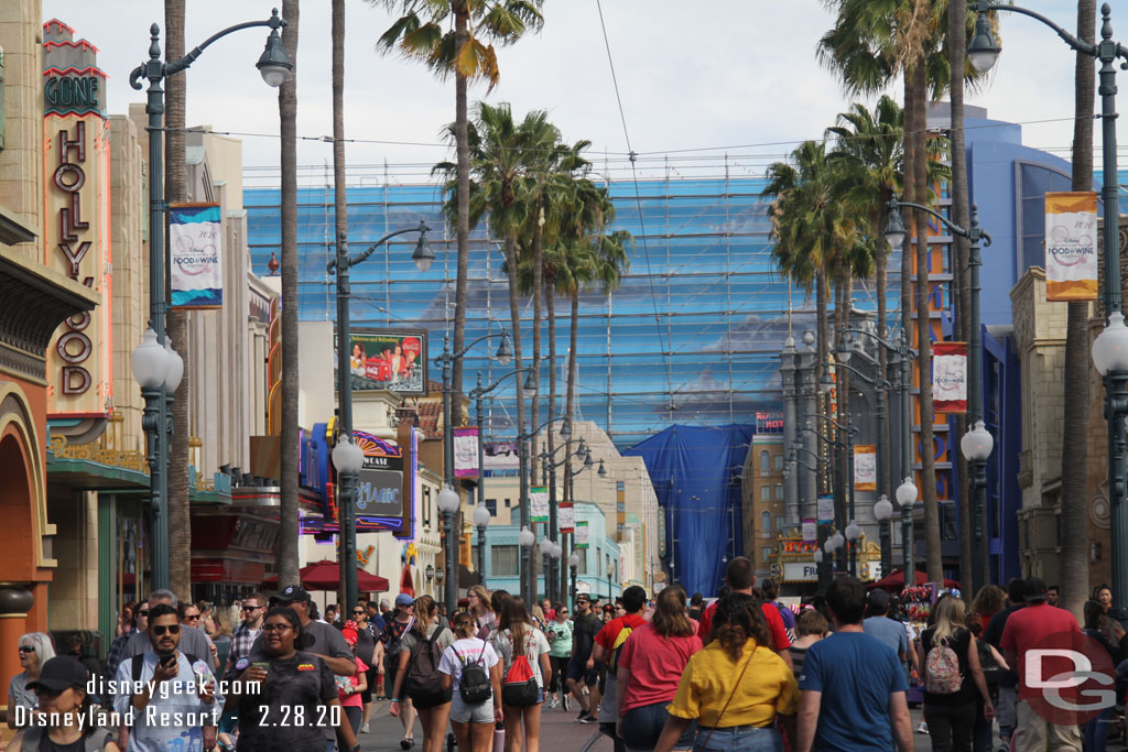 Renovation - repainting - of the Hyperion Facade mural continues. The scrim was mostly removed today.