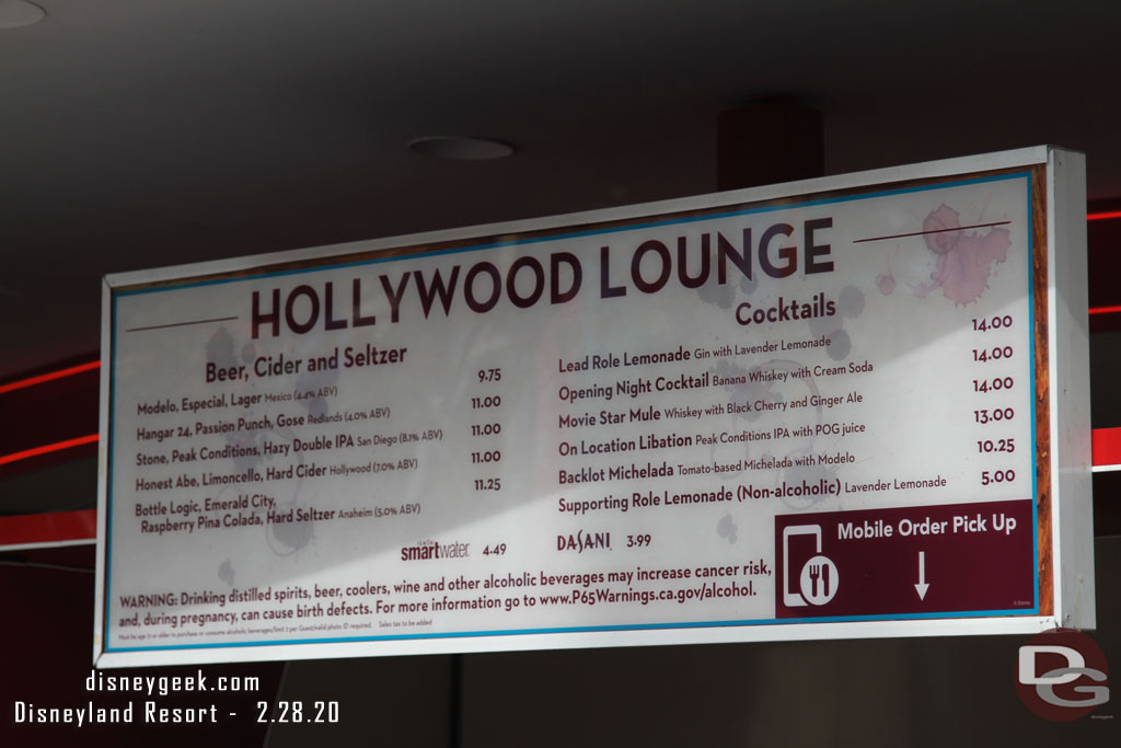 Hollywood Lounge current menu