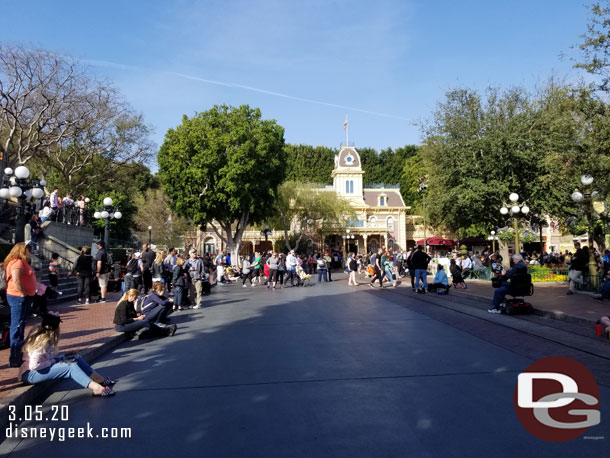 Main Street USA with guests all on their phones waiting to try for Rise of the Resistance boarding groups.  Everyone who wanted one at park opening got one, backup groups lasted until noon today.