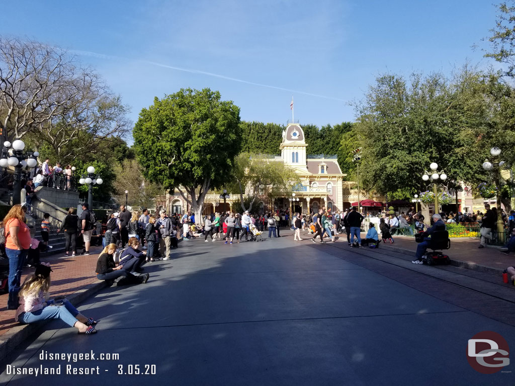 Main Street USA with guests all on their phones waiting to try for Rise of the Resistance boarding groups.  Everyone who wanted one at park opening got one, backup groups lasted until noon today.