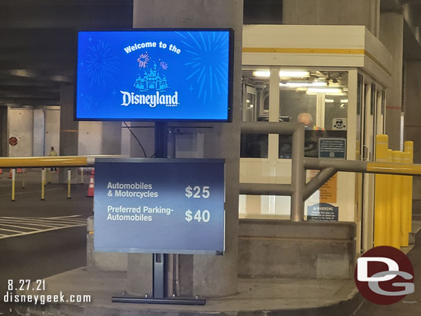 A quick note. I have not visited the Disneyland Resort since the closer in March of 2020.  So this is my first visit in 540 days.   So some things I point out are new to me but been that way for quite a while.  I arrived at the Mickey and Friends parking structure at 6:51am and choose to be second in one of the aisle (could have been first but I wanted a booth with the attendant on the drivers side).